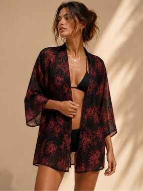 Torrid Black & Red Floral Kimono Swim Cover Up | Size 1/2